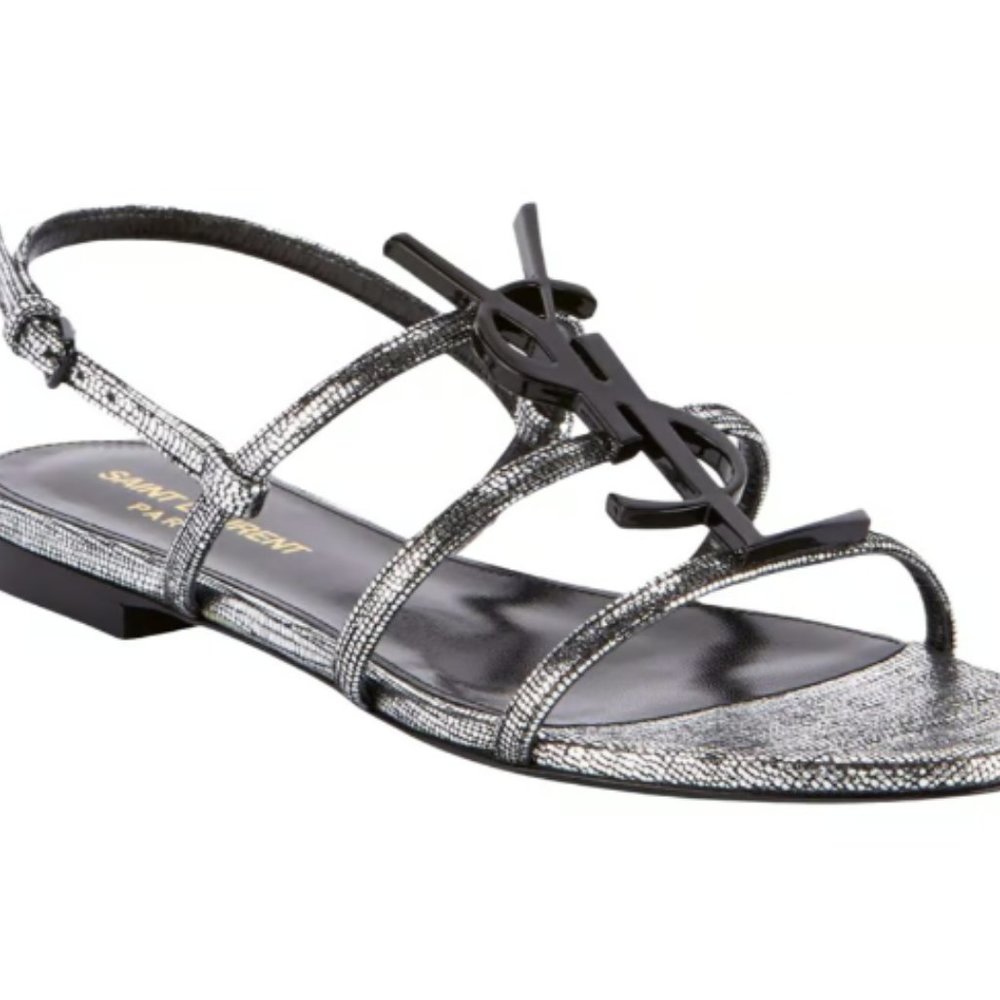 Saint Laurent YSL Cassandra Silver Black Logo Leather Strappy Flat Sandal